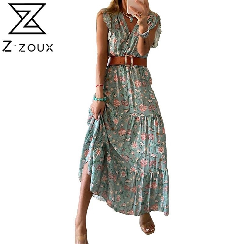 Women Dress Ruffles V-neck Sleeveless Bohemian Dresses For Plus Size Sexy Long Beach Fashion 210513