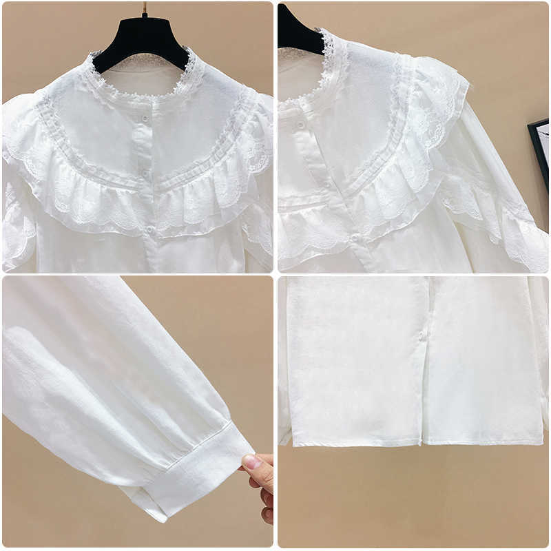 Solid Lace Ruffles Patchwork Stand Flare Sleeve Shirt Top Spring Blouse Women 210615