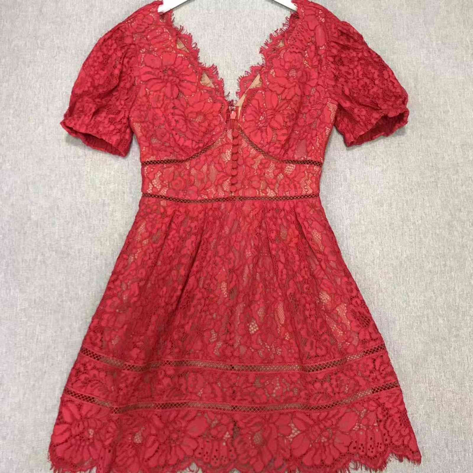 vintage party dress red Christmas mini dresses for women lace v-neck hollow out A-line summer holiday robe mujer vestidos 210421