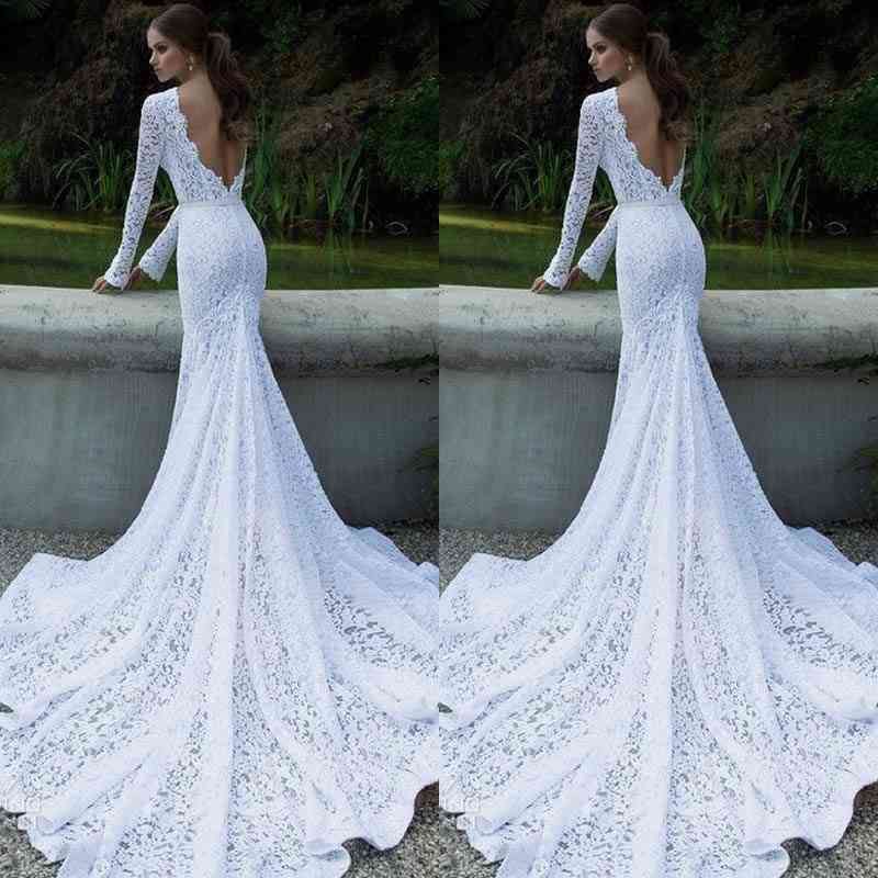 Women Dress Sexy White Lace Backless Maxi Mermaid Big Swing Long Sleeve Wedding Elegant Evening Party Floral Print Clubwear 210522