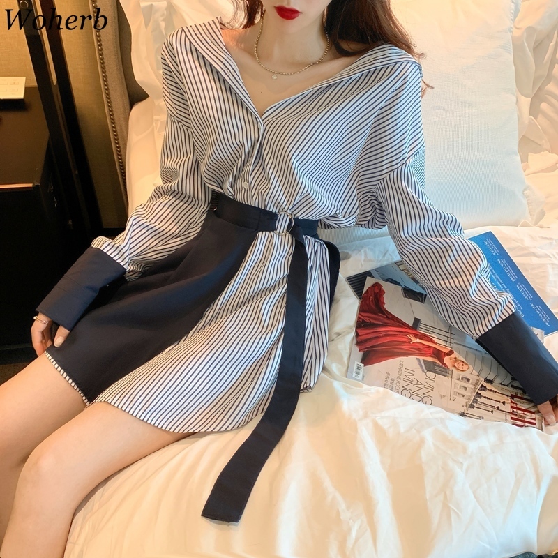 Office Ladies Striped Shirt Dress Women Two Pieces Set Long Blouse+Bandage Shirts Korean Casual Elegant Vestidos 210519