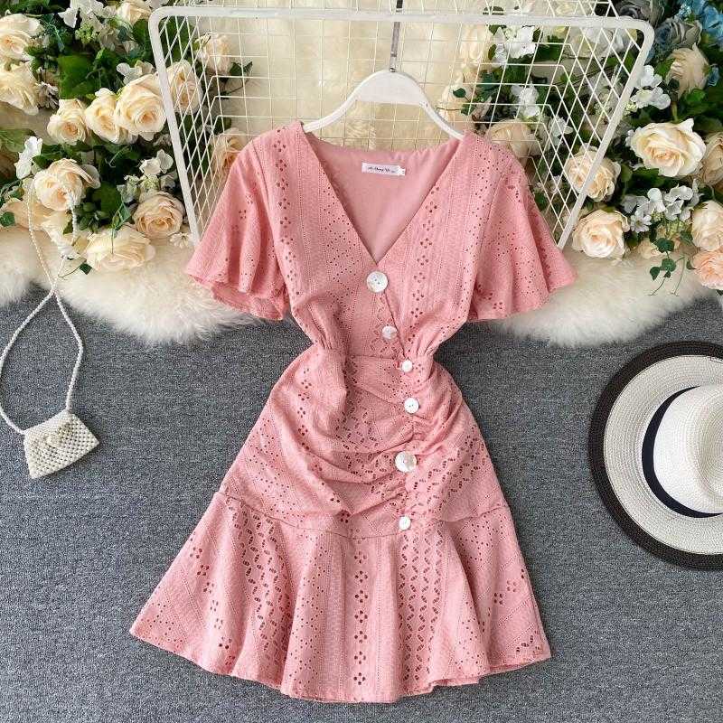 Purple Dress Female Clothing Women V-neck Breasted Slim Short Sleeve Elegant Vestidos M012 210527