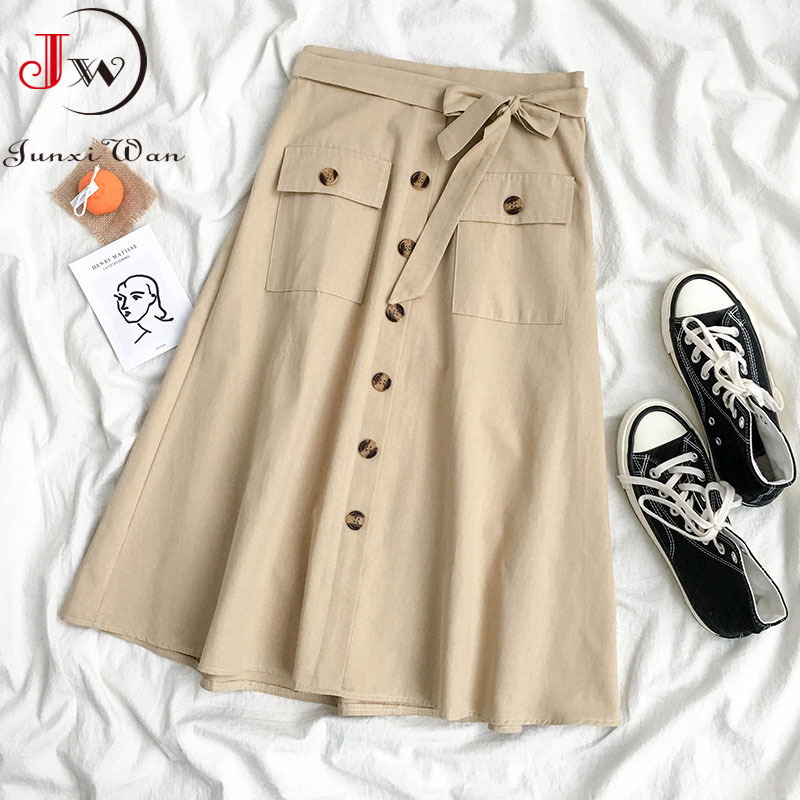 Women Elegant High Waist Midi Skirt Spring And Summer Casual Single-Breasted Solid Black White Bowknot Belt Office A-Line 210510