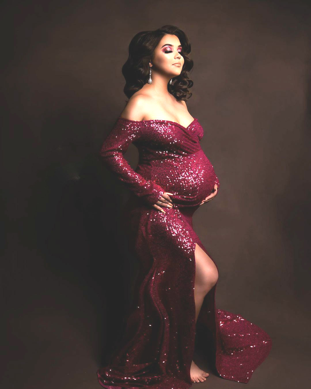 Fashion Pregnant Women Photoshoot Dress Sleepwear Sparkly Sequins Off Shoulder Long Sleeve Party Evening Gown Bathrobe Nightdress