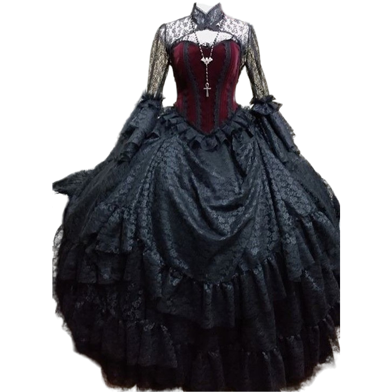 Vintage Black And Burgundy Victorian Wedding Dress Long Sleeves Corset Gothic Ball Gown Bridal Dresses High Neck Lace Tiered Floor Length Wedding Gown