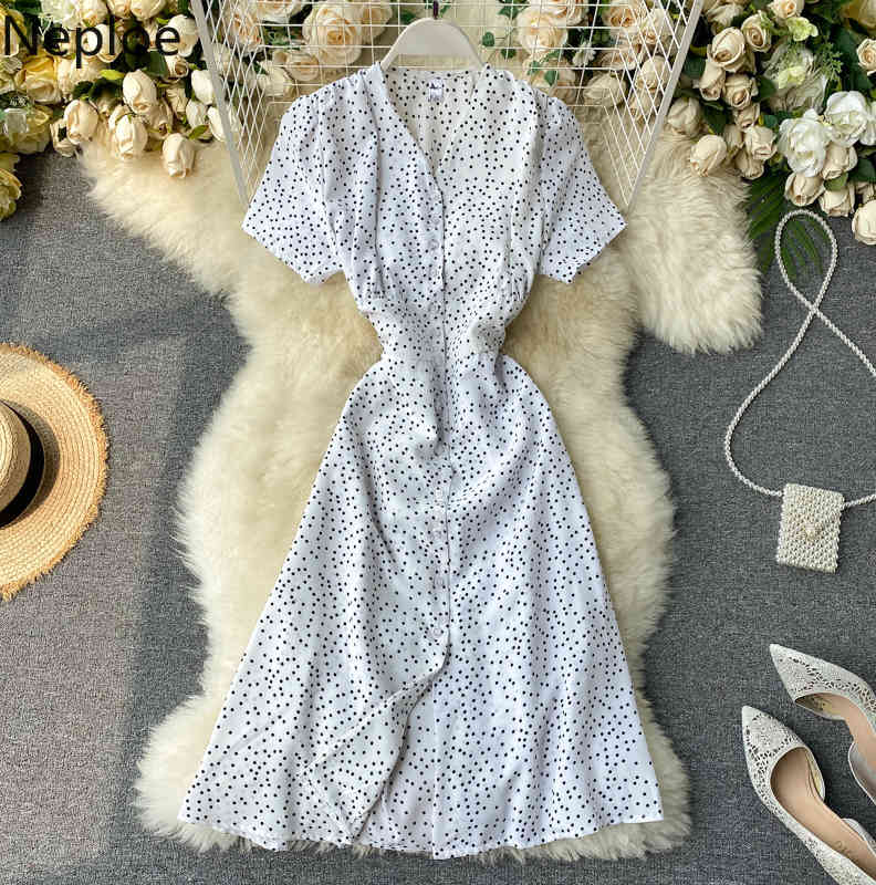 Polka Dot Dress Women French V Neck Short Sleeve Ladies Vestidos Summer Elegant Slim Waist Female Dresses 1D621 210422Z