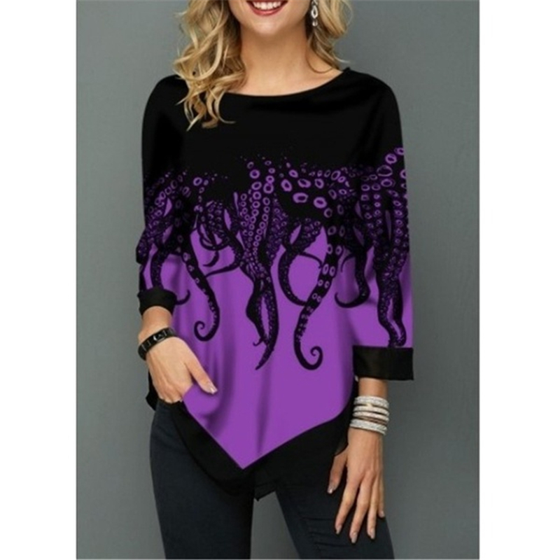 Spring Summer 3/4 Sleeve Print T-Shirts Irregular Women Clothing Fashion Casual Plus Size Loose Pullovers Tee Shirt Femme 210406