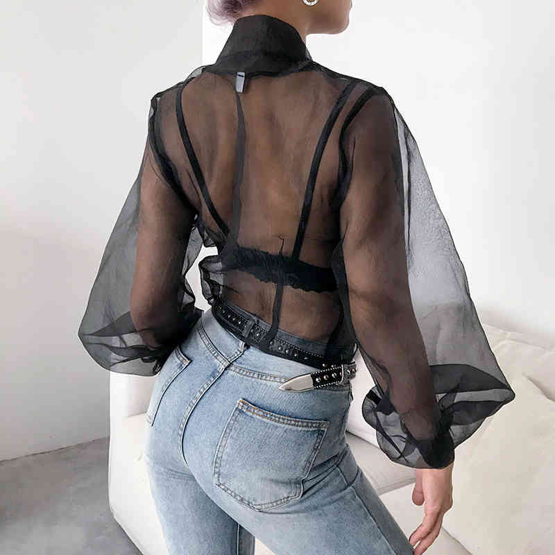 Nomikuma Sexy Perspective Mesh Women Blouse Puff Sleeve Stand Neck Shirt New See Through Chiffon Blusas Feminimos 6D949 210427