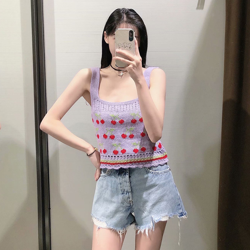 Women Sweet Cherry Print Jacquard Sling Knit Sweater Female Hollow Out Crochet Short Vest Chic Summer Crop Tops 210521