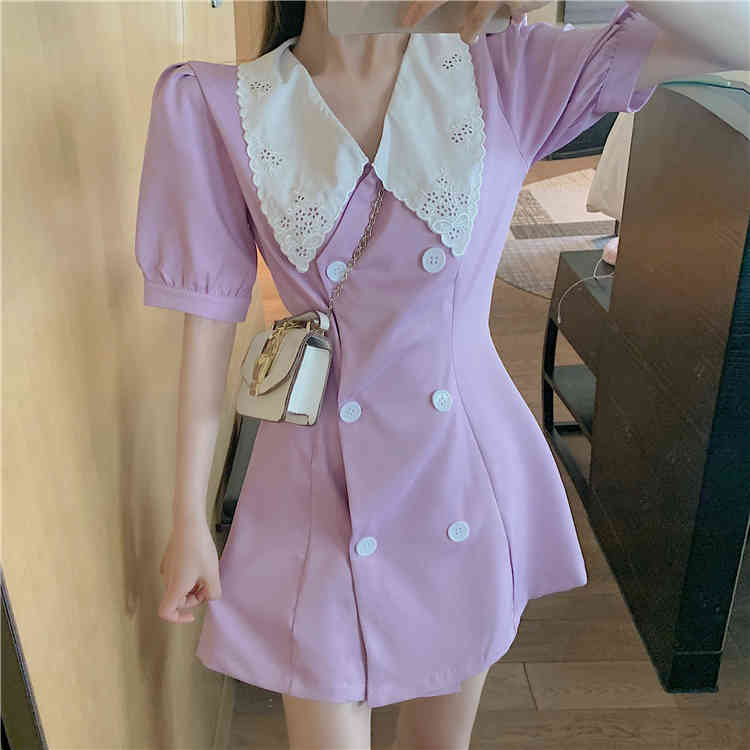 Summer Women Purple Dress Turn down collar Short Sleeves Double-breasted Mini Vestidos Office Lady Wearing 210519