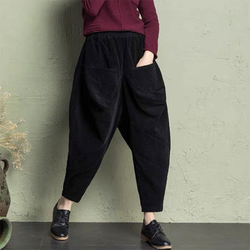 Spring Autumn Arts Style Women Elastic Waist Loose Cotton Corduroy Pants Plus Size Femme Vintage Harem V43 210512