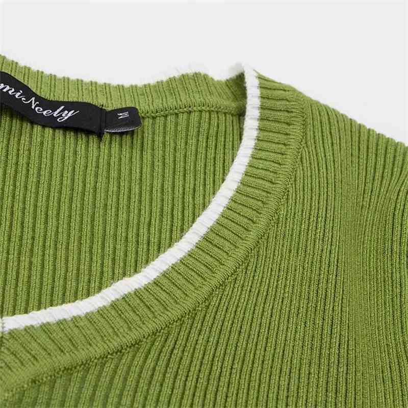 Women Contrast Colors V-neck Long Sleeve Ribbed Sweater Fitted Crop Knit Pullover 210512