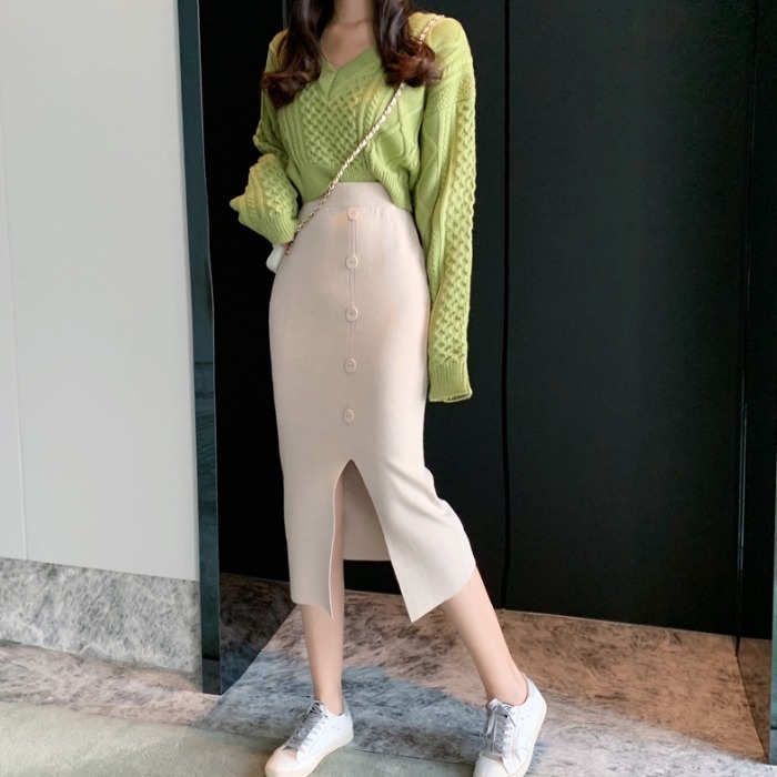 Nomikuma Autumn Winter Women Sweater Skirts Korean Buttons Split High Waist Slim Knitted Skirts Fashion Faldas Mujer 6D269 210427