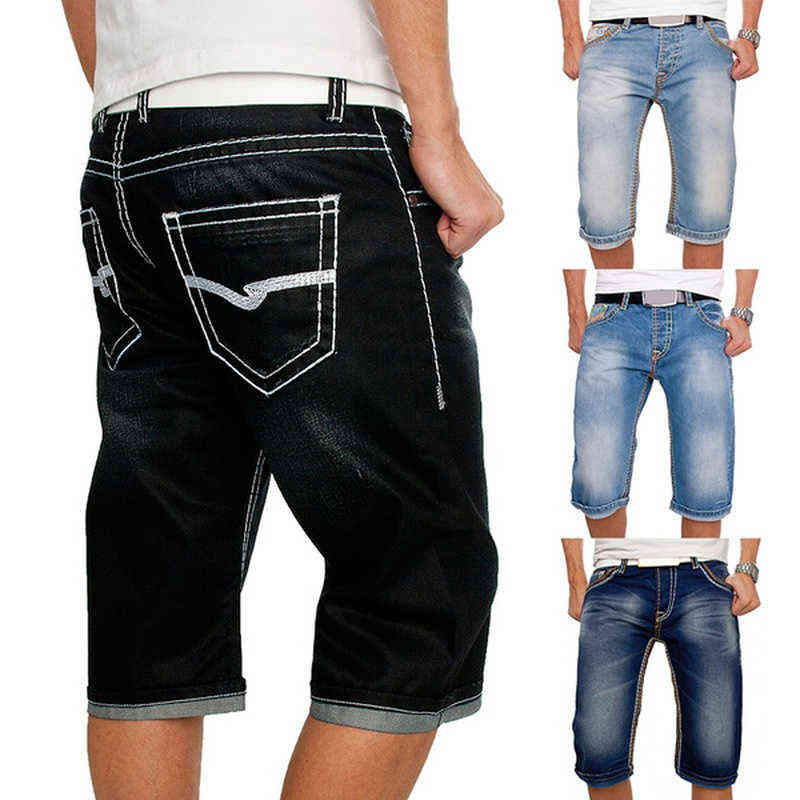 Men Jeans Shorts Summer Casual Straight Denim Shorts Streetwear Male Loose Knee Length Loose Jean Pants Black Blue Pocket 211120