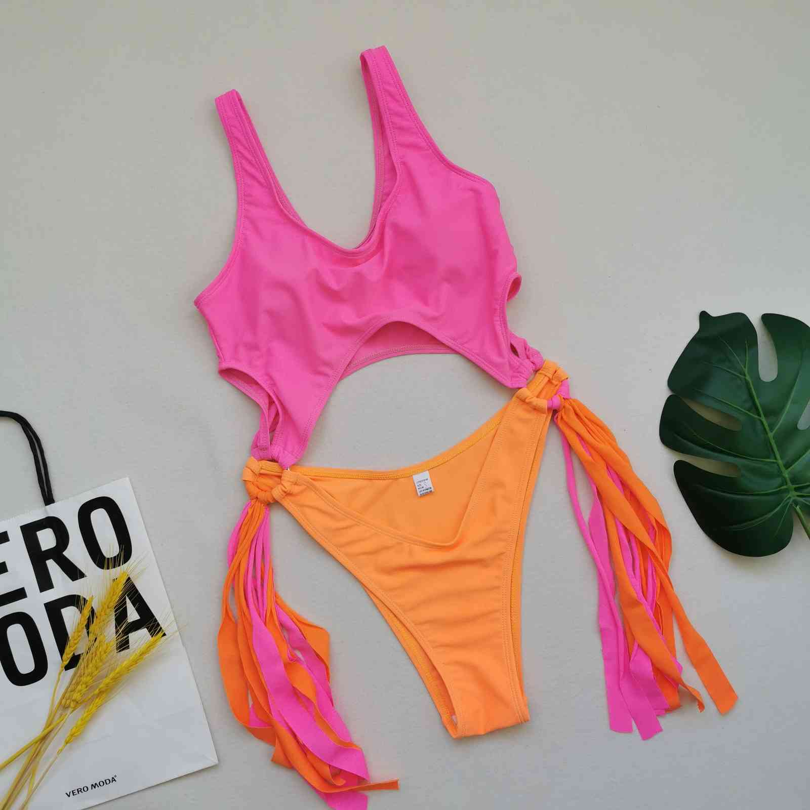 High Leg Tie Side Swimsuit Sexy Cut Out Swimwear Neon Orange Yellow Bathing Suits Brazil Monokini Female Bodysuits XL 210520