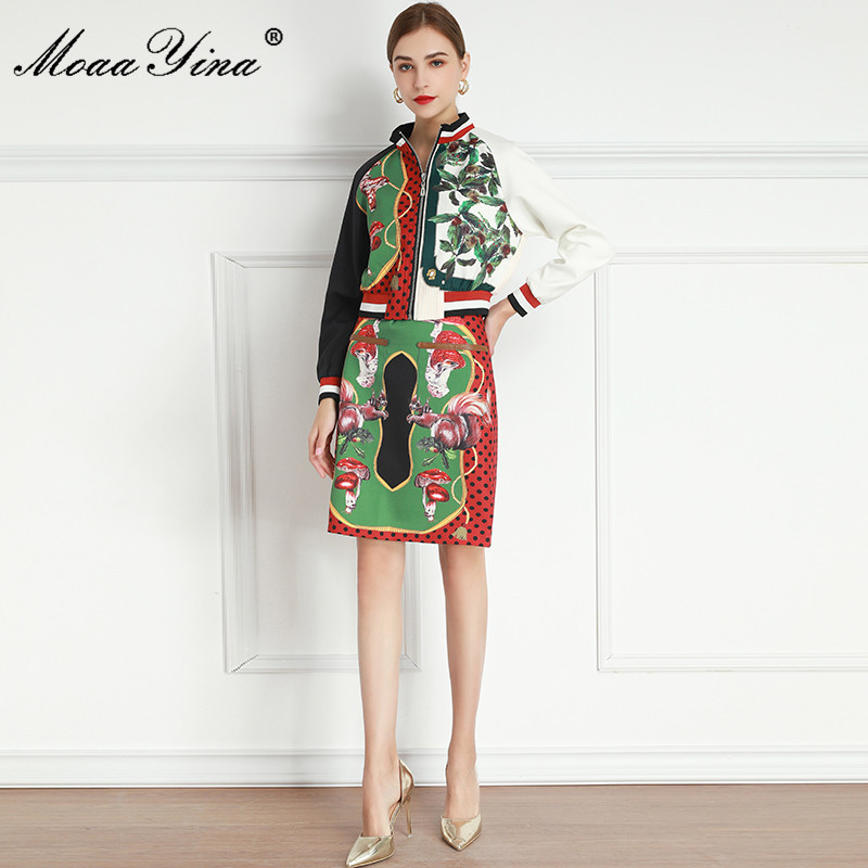 Fashion Set Spring Women's Long sleeve jacket Tops+Mushroom Chestnut Squirrel Print Skirt Two-piece set 210524