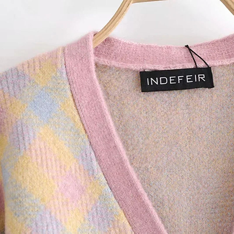 Women Sweet Diamond Plaid Girlish Style Sweater Female Single-Breasted Long Sleeves Cardigan Chic Top 210520