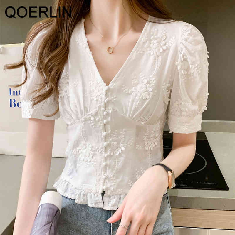 QOERLIN Pearl Button White Shirt Girl Plus Size Summer Retro Short Vneck Puff Sleeve Lace Shirt Women Embroidered Tops 210412
