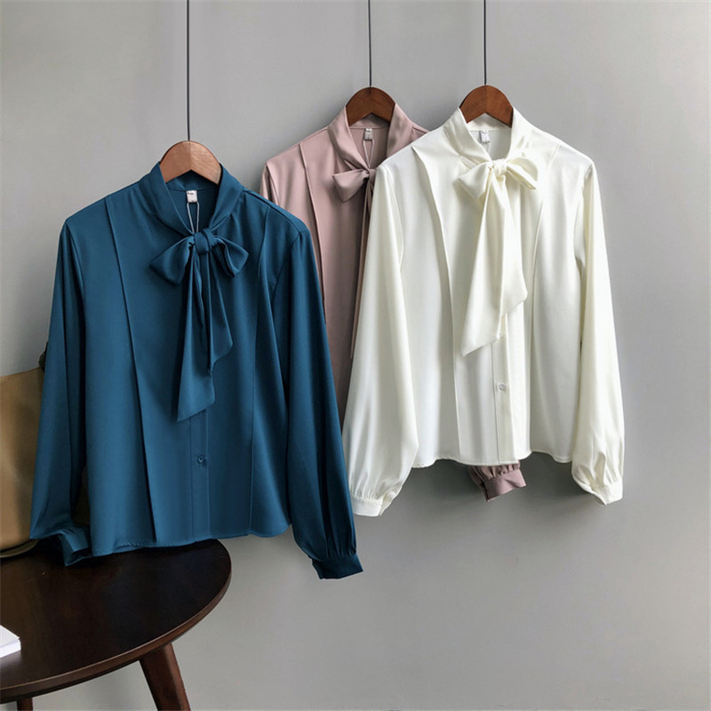 Basic Shirt Women Autumn OL Elegance Chic Chiffon Blouses Long Sleeve Lace Up Bow Collar All Match Loose Shirts 210421