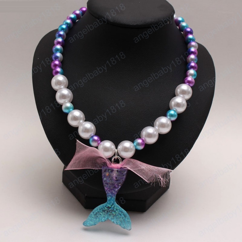 Charming Baby Girls Purple Mermaid Tail Pendant Necklace Bracelets Fashion Pearls Beaded Bangles For Kids Party Gift