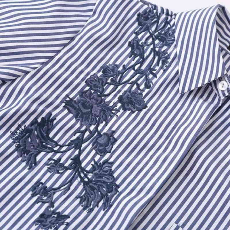 Fashion Women Flower Embroidery Side Slit Stripe Shirts Long Sleeve Blouse Casual Lady Tops Chemise Femme Blusas S1106 210430