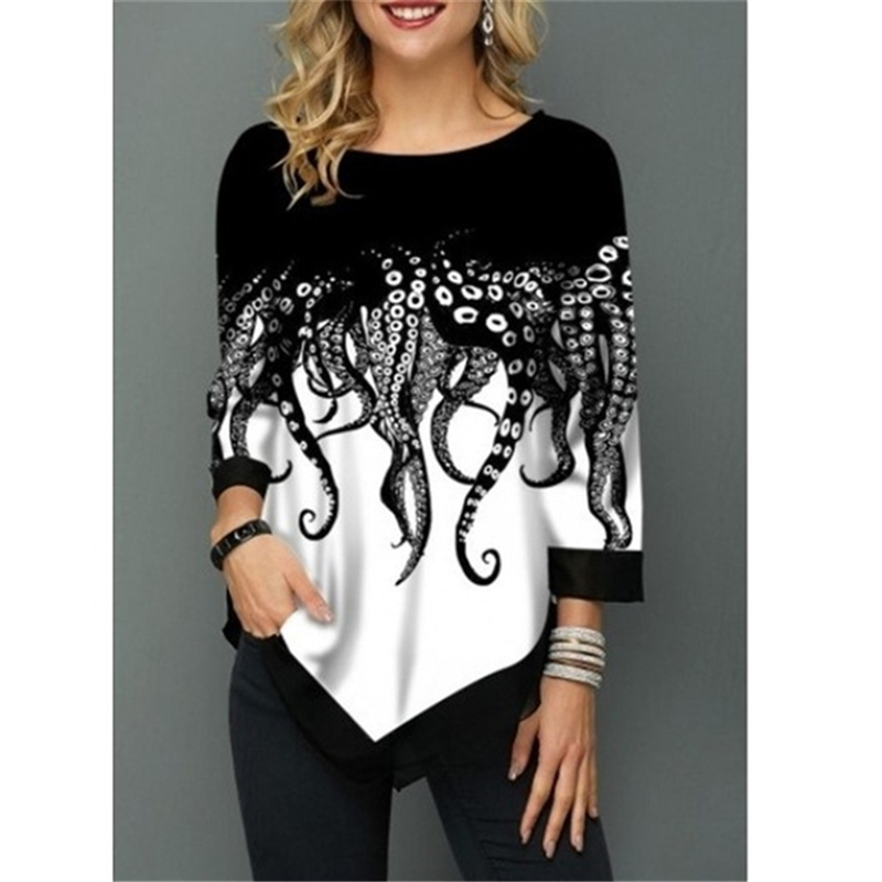 Spring Summer 3/4 Sleeve Print T-Shirts Irregular Women Clothing Fashion Casual Plus Size Loose Pullovers Tee Shirt Femme 210406