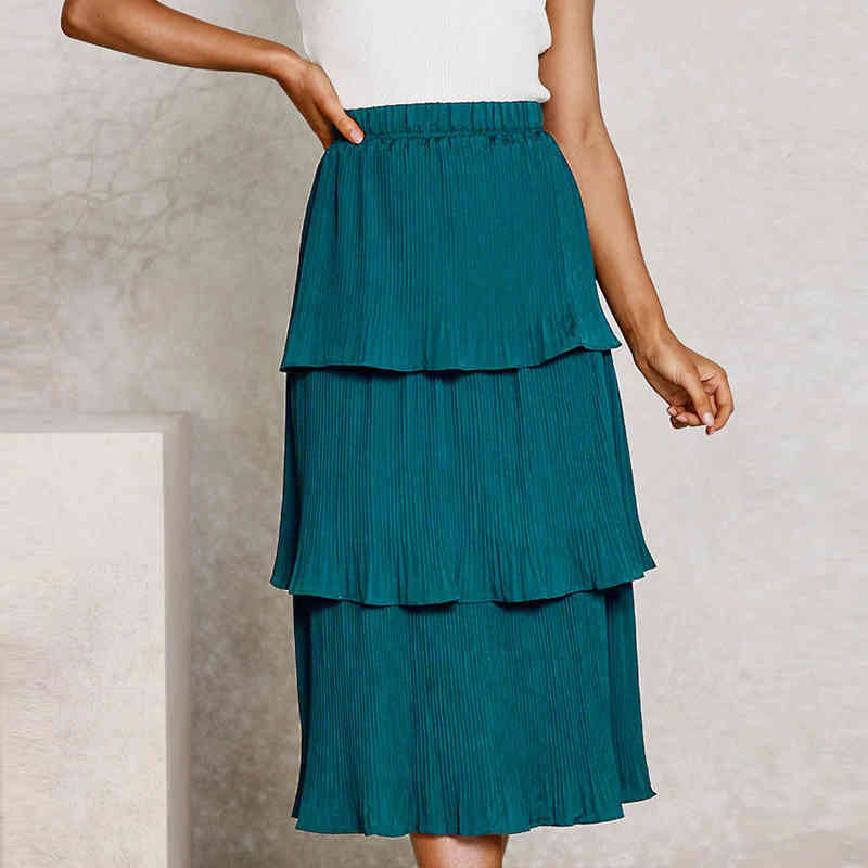 Beach skirts womens fashion chiffon stitching pleated female solid color Ruffles Mid-Calf long white lady 210508