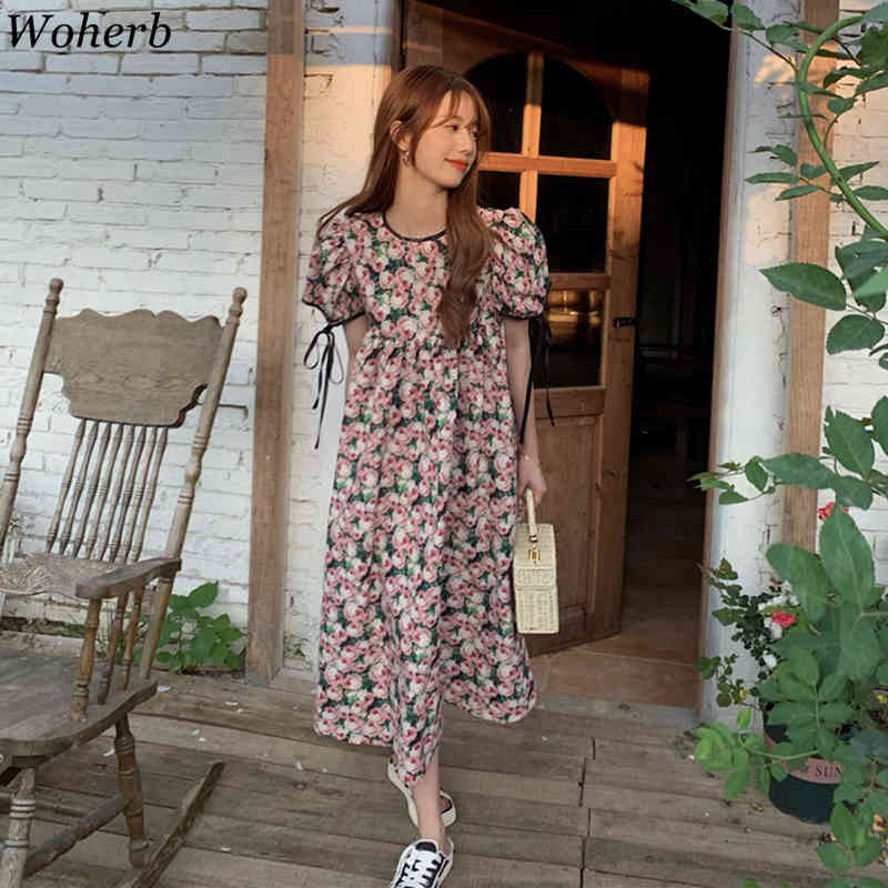 Vintage Elegant Floral Printed Dress Women Summer Short Puff Sleeve Kawaii Loose Dresses Fashion Korean Vestidos Femme 210519