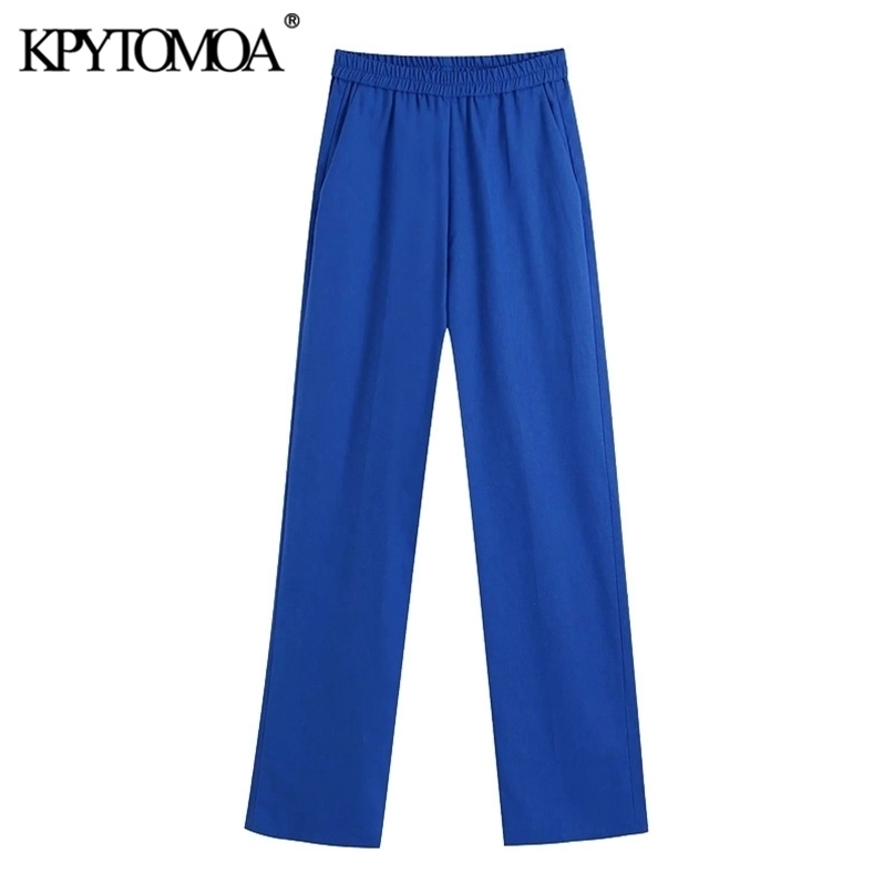 KPYTOMOA Women Chic Fashion Side Pockets Wide Leg Pants Vintage High Elastic Waist Female Trousers Mujer 211115