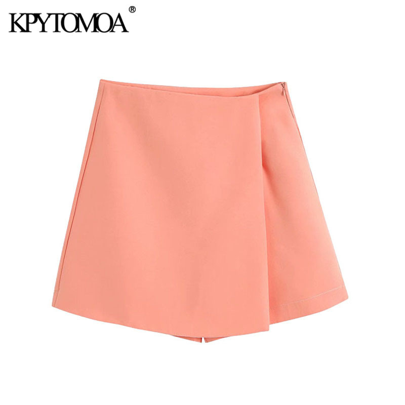 Women Chic Fashion Office Wear Asymmetric Wrap Mini Shorts Skirt Vintage High Waist Side Zipper Female Skort Mujer 210416