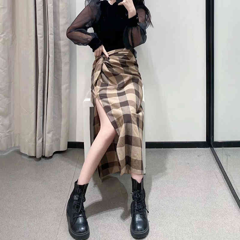 Vintage Elegant Plaid Women Skirts Lady Office Autumn Pencil Long Girls Skirt Female Mid-Calf Mujer skirt 210422