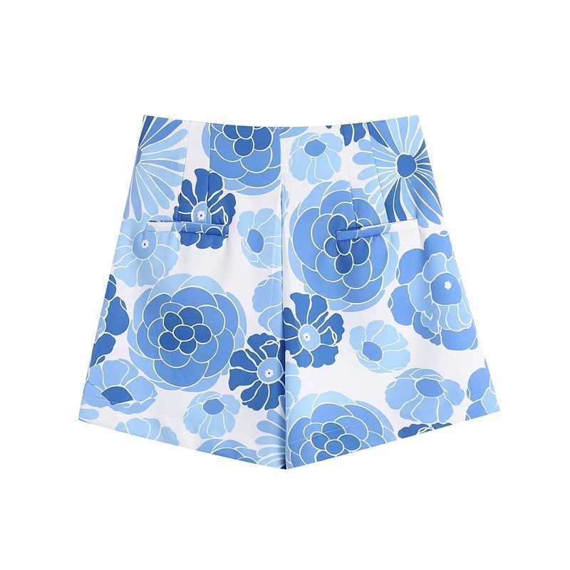 TRAF Women Fashion Side Pockets Floral Print Bermuda Shorts Vintage High Waist Zipper Fly Female Short Pants Streetwear 210724