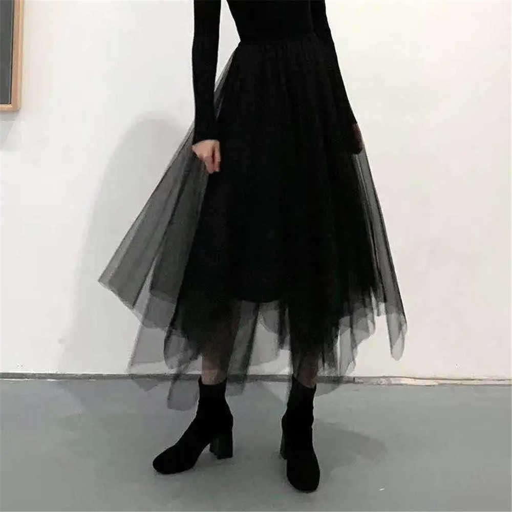 Gothic Gray Tulle Long Irregular Pleated Skirts Elastic High Waist A-Line Mesh Midi Skirts Vintage Punk Streetwear 210619wtt
