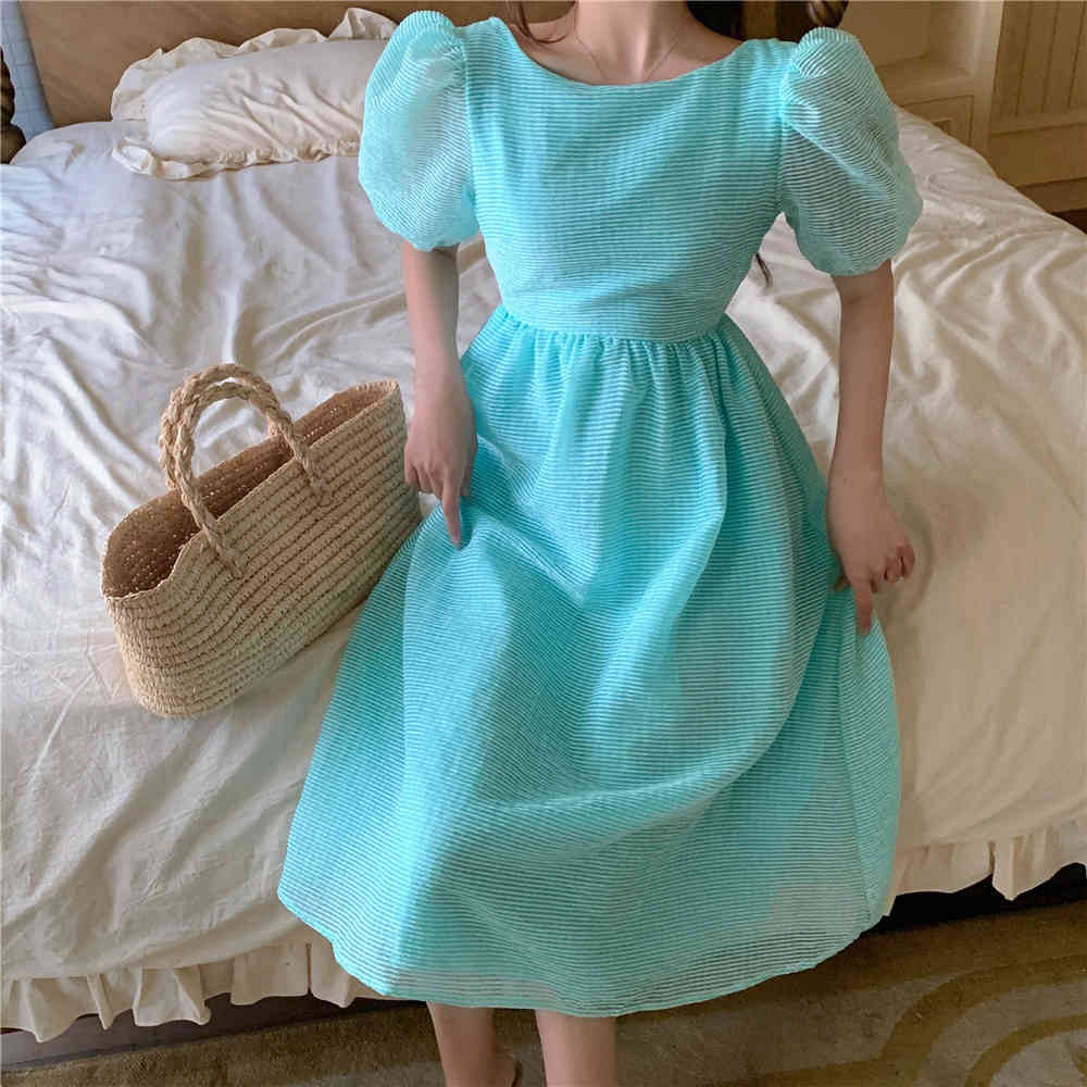 Summer Women Solid Puff Sleeve Korean Style Fairy Dress Sexy Backless Kawaii Elegant Vintage Party 210519