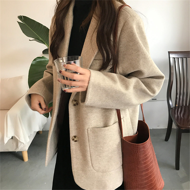 Chic Wool Thicken High Quality Autumn Fashion Brief Office Lady Casual Elegant Women Loose All Match Blazers 2 Types 210421