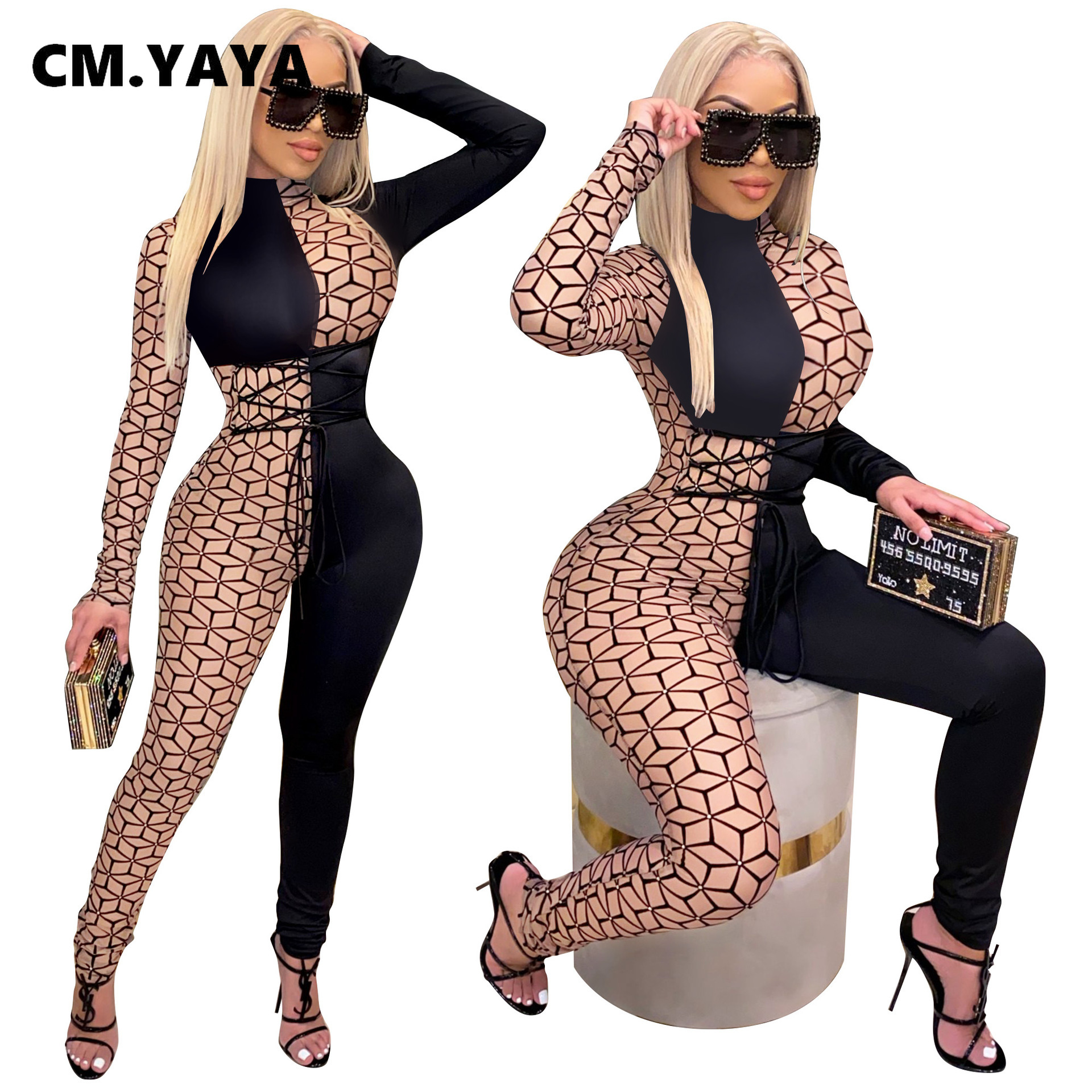 CM.YAYA Winter Fall Geometric Patchwork Jumpsuit for Women Sexy Club Party One Piece Overall Bodycon Lace Up Rompers Outfit, Black-01
CM.YAYA Winter Fall Geometric Patchwork Jumpsuit for Women Sexy Club Party One Piece Overall Bodycon Lace Up Rompers Outfit, Black-01