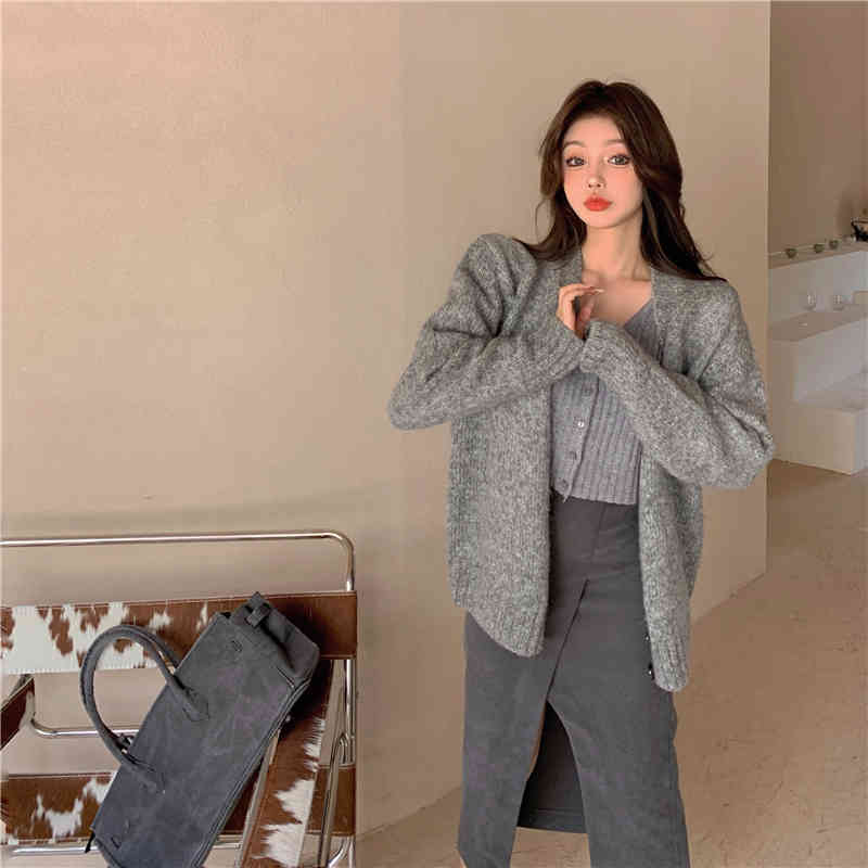 Autumn winter korean style soft knittd cardigans womens grey sweaters cardigans womans (R99460) 210423