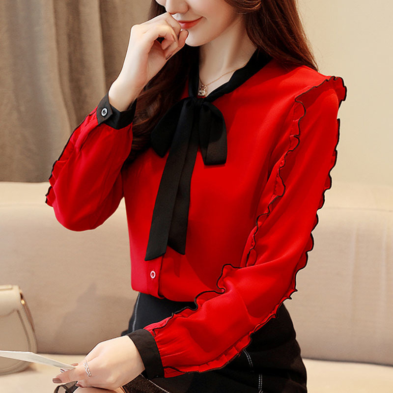 Red Chiffon Blouse Shirt Long Sleeve Women Shirts Fashion s Tops and s Bow Collar Office 1318 40 210427