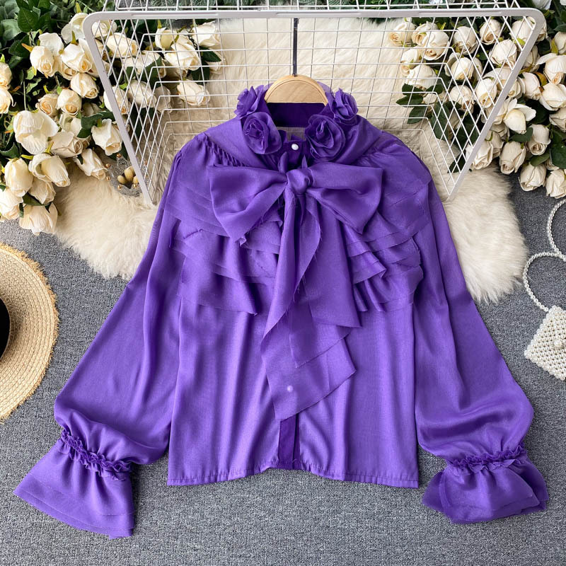 Nomikuma Blouse Women 3D Flowers O-neck Blouse Shirt Causal Puff Sleeve Ruffle Patchwork Tops Spring New Blusas Mujer 6F571 210427