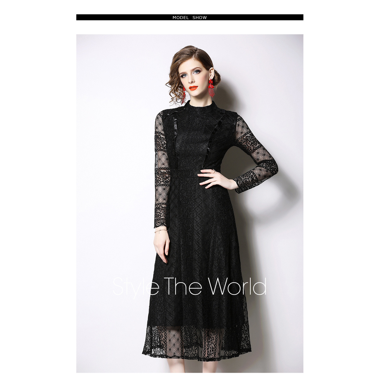 Spring Sexy Elegant Hollow Out Lace Dress Women Stand Collar Casual A-line Dresses Wear To Work Vestidos Black Blue 3xl 210515