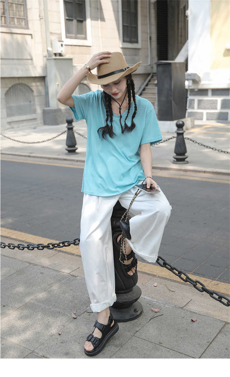 Qooth Wide-Leg Straight Solid Casual Pant's Summer All-Match Fashion Multi-color Office Lady Trendy QT685 210609