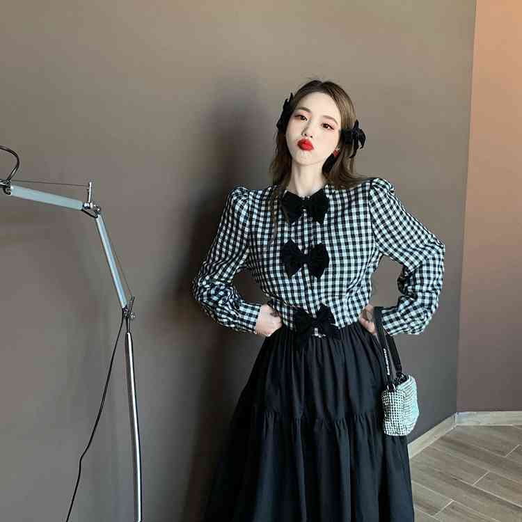 Vintage Puff Sleeve Blouse Women Elegant Bow Patchwork Plaid Shirt Korean Chic Office Lady Blusas Mujer De Moda 210519