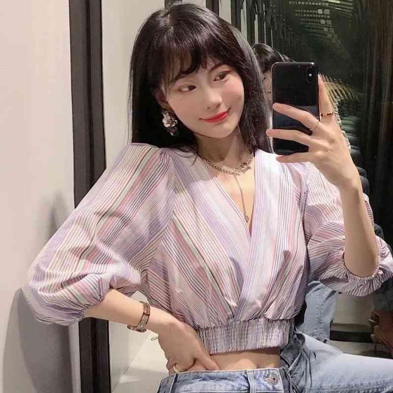 Summer Women V Neck Elastic Waist Striped Short Blouse Female Lantern Sleeve Smock Shirt Casual Lady Loose Tops Blusas S8806 210430