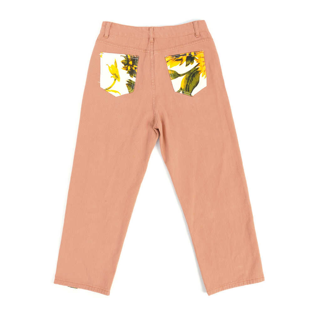 Jeans Woman Vintage High Waist Pants Fit Young Girls Cute Sunflower Stitching Pattern Autumn Winter Trousers Female Orange 210922