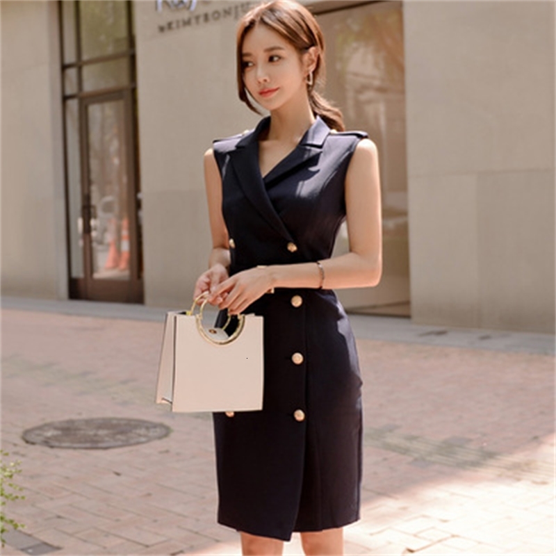 Casual Dresses Women Solid Notched Double Breasted Sleeveless High Waist Bodycon Blazer Dress With Belt Elegant Office Lady OSNG