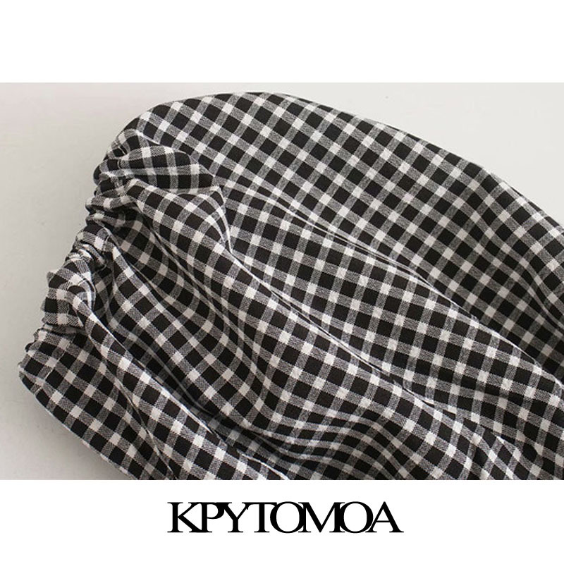 Women Sweet Fashion Ruffled Elastic Smocked Plaid Midi Dress Short Sleeves Waist Female Dresses 210420