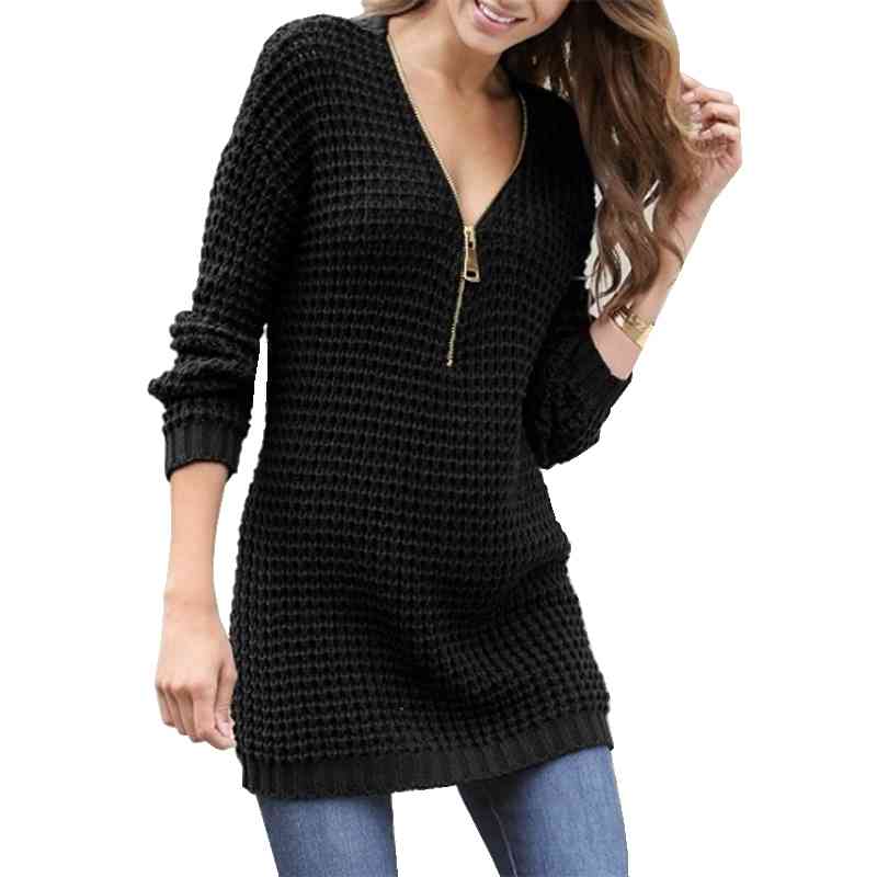 Women Long Sweater V Neck Zipper Oversized Dress Warm Autumn Winter Clothes Knitwear 3XL Plus Size Pullover Jumper 210510
