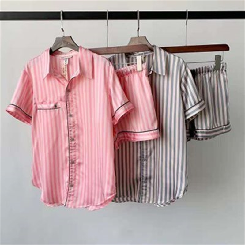 Satin Pajamas for Women Summer Short Pijama Sleepwear Striped Silk Ladies Pyjamas Pjs Night Wear Loungewear Home Suits 210330