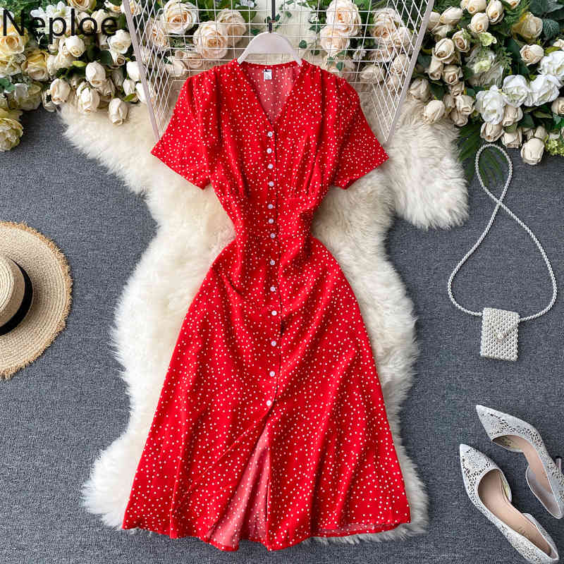 Polka Dot Dress Women French V Neck Short Sleeve Ladies Vestidos Summer Elegant Slim Waist Female Dresses 1D621 210422Z