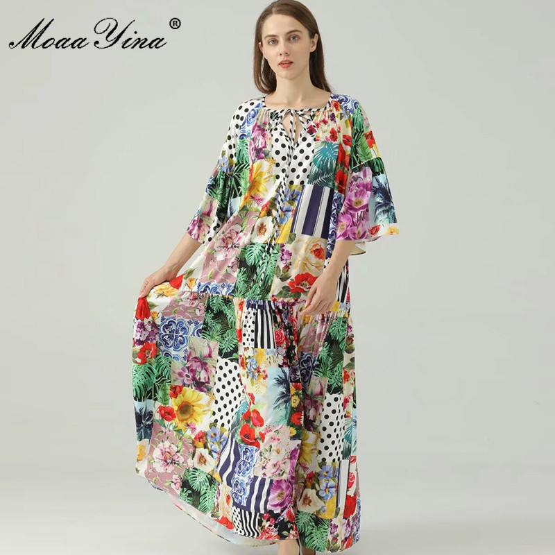 Bohemia Summer Women's Vacation Maxi Dress Loose Matching Flower Print 3/4 sleeve Fashion Long Party 210524